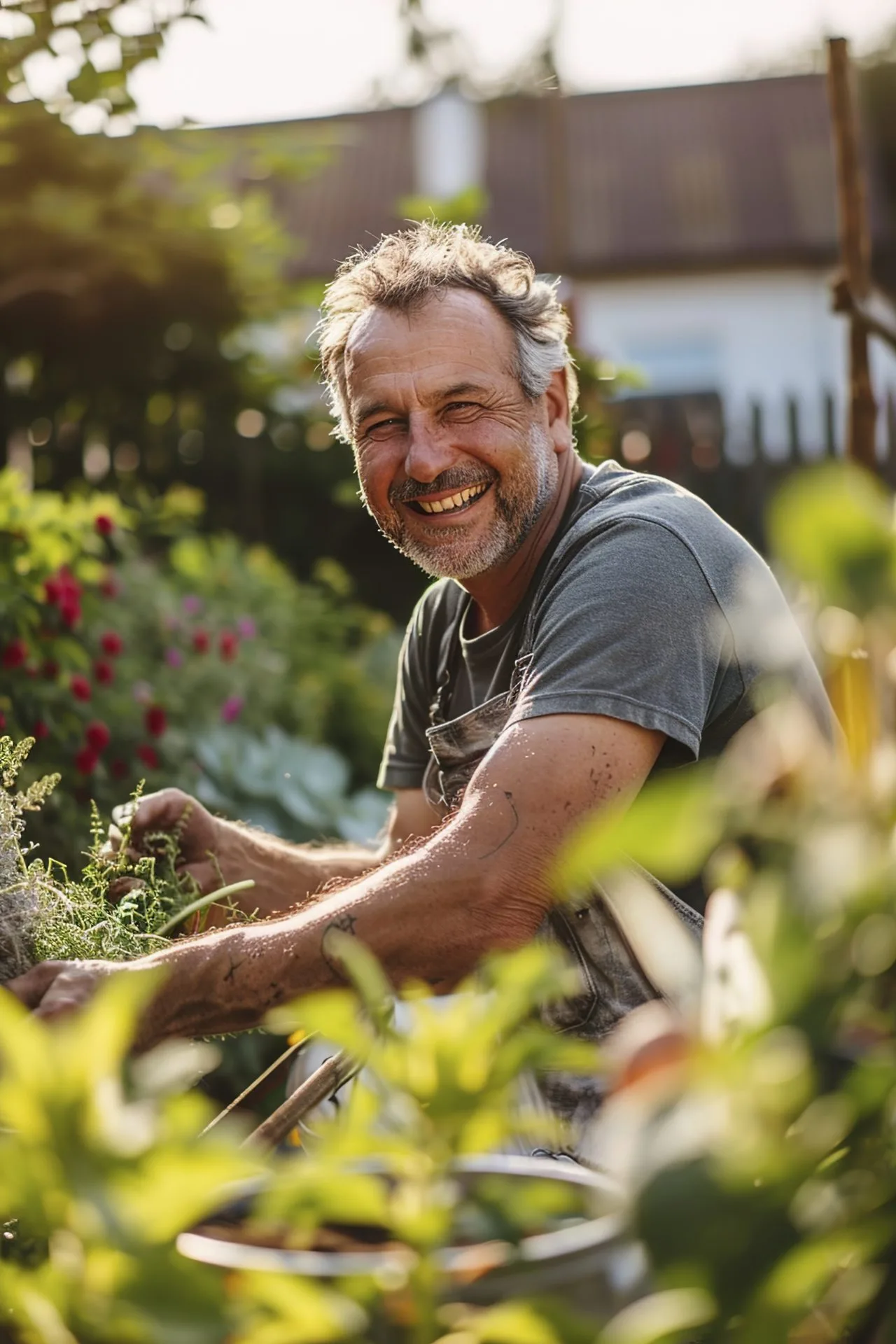 man-smiles-while-kneeling-garden